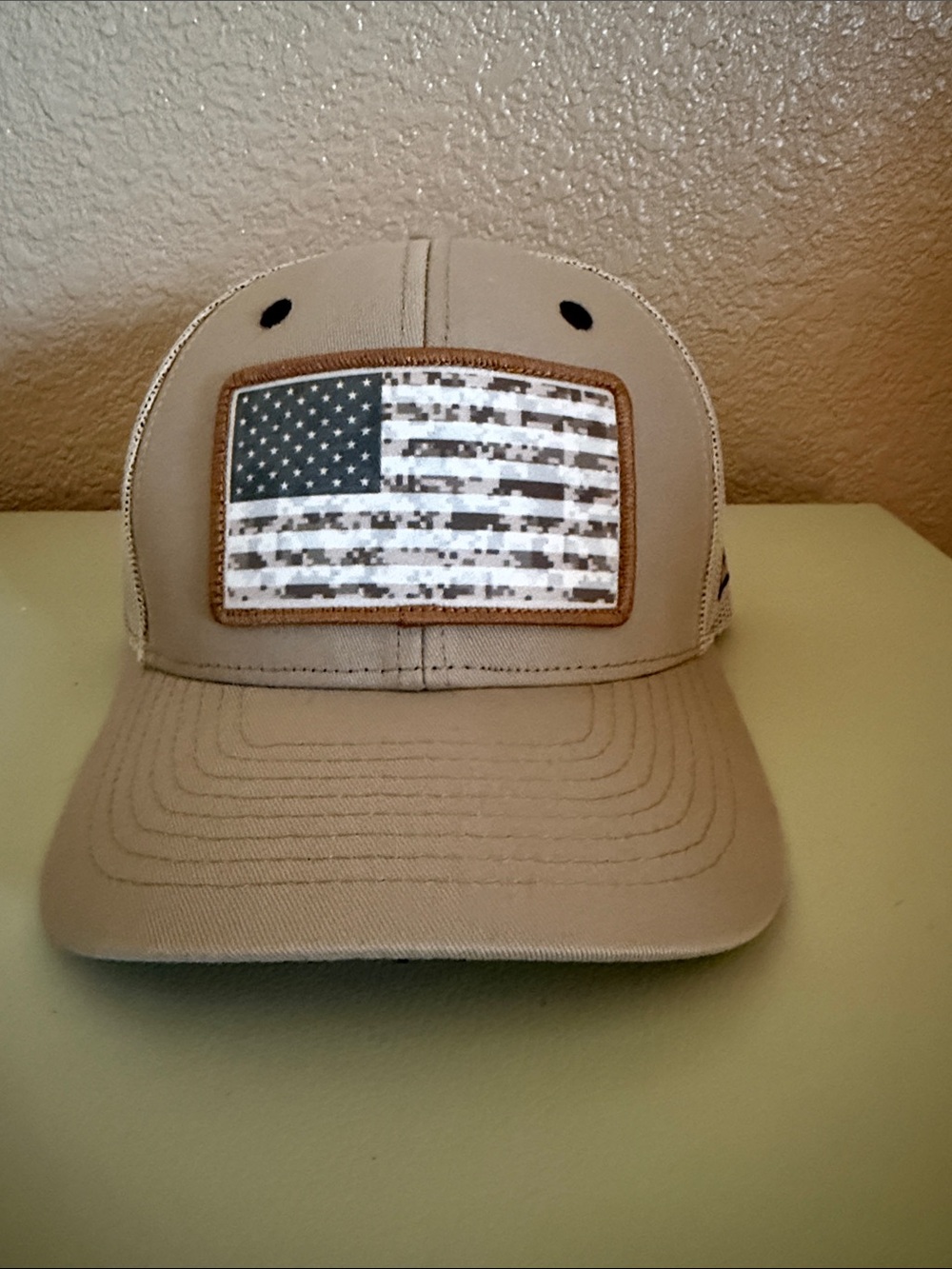 Graybar Tan Trucker Hat with Digital Camo American Flag Patch